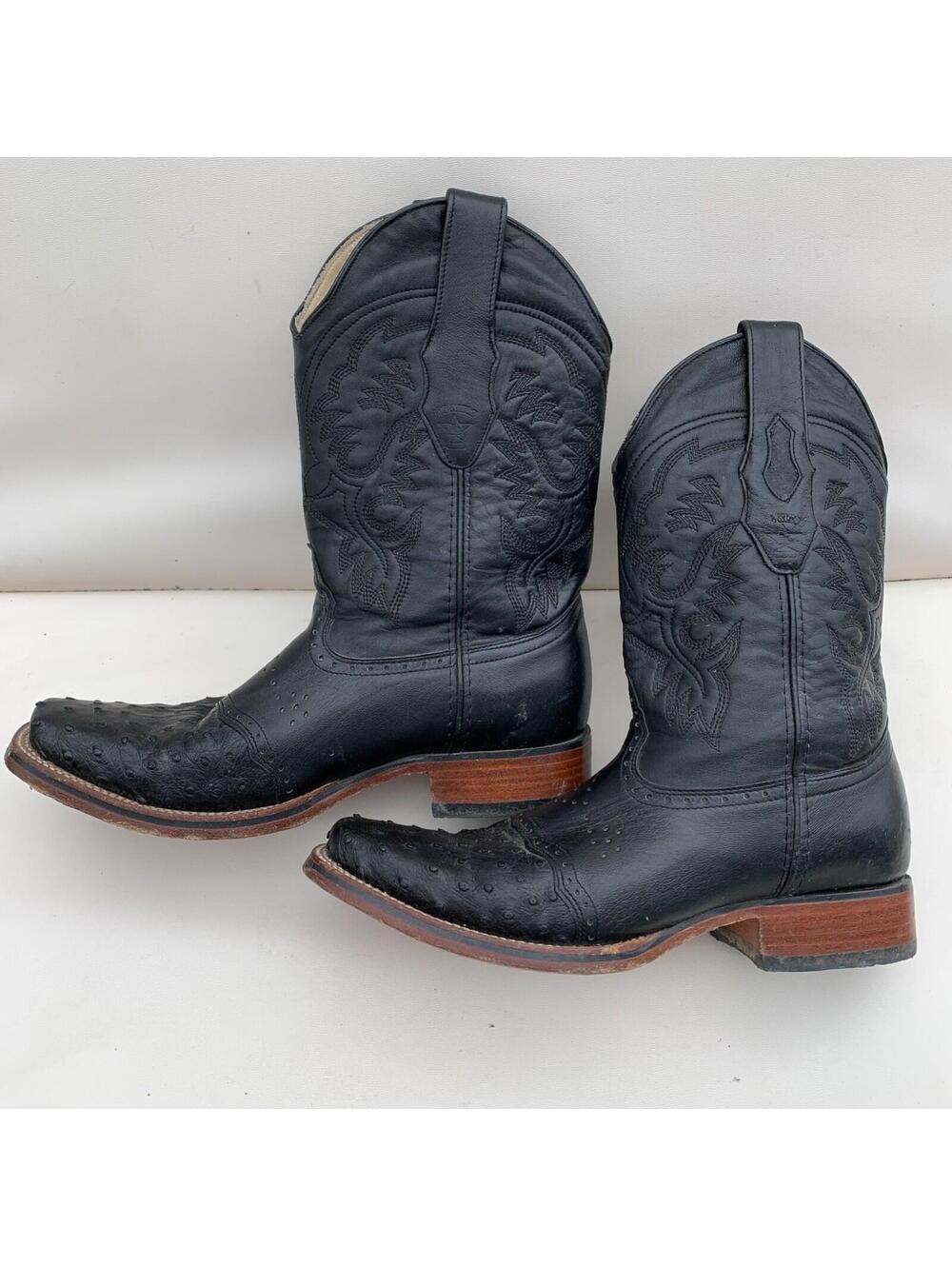 Los Altos Mens Embossed Leather Ostrich Western Cowboy Boots Black Color Size 9